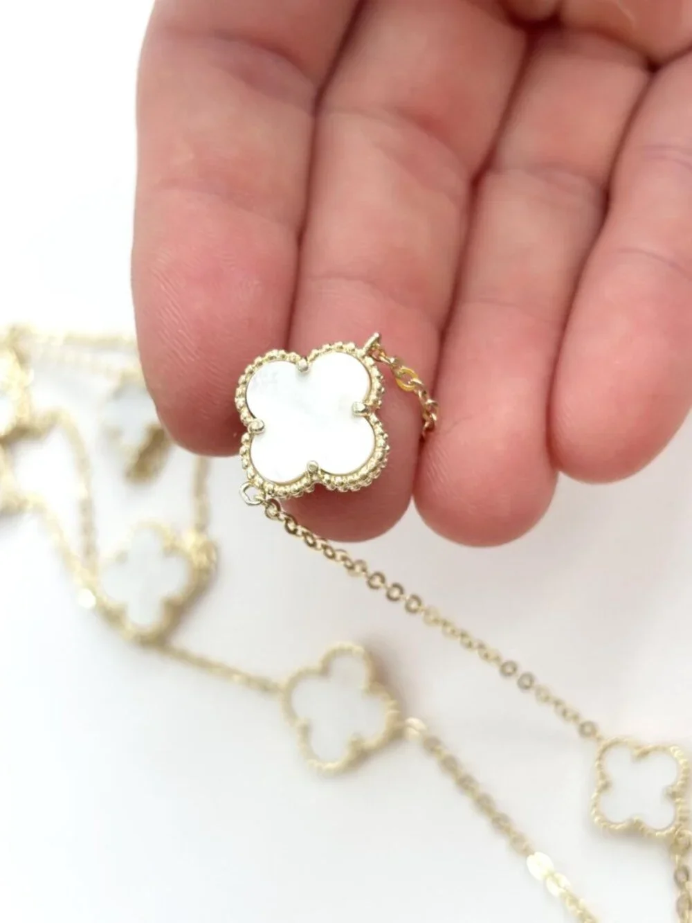 4 Leaf Clover Faux Moonstone Cable Chain Link Vintage Ultra Long Necklace - 36